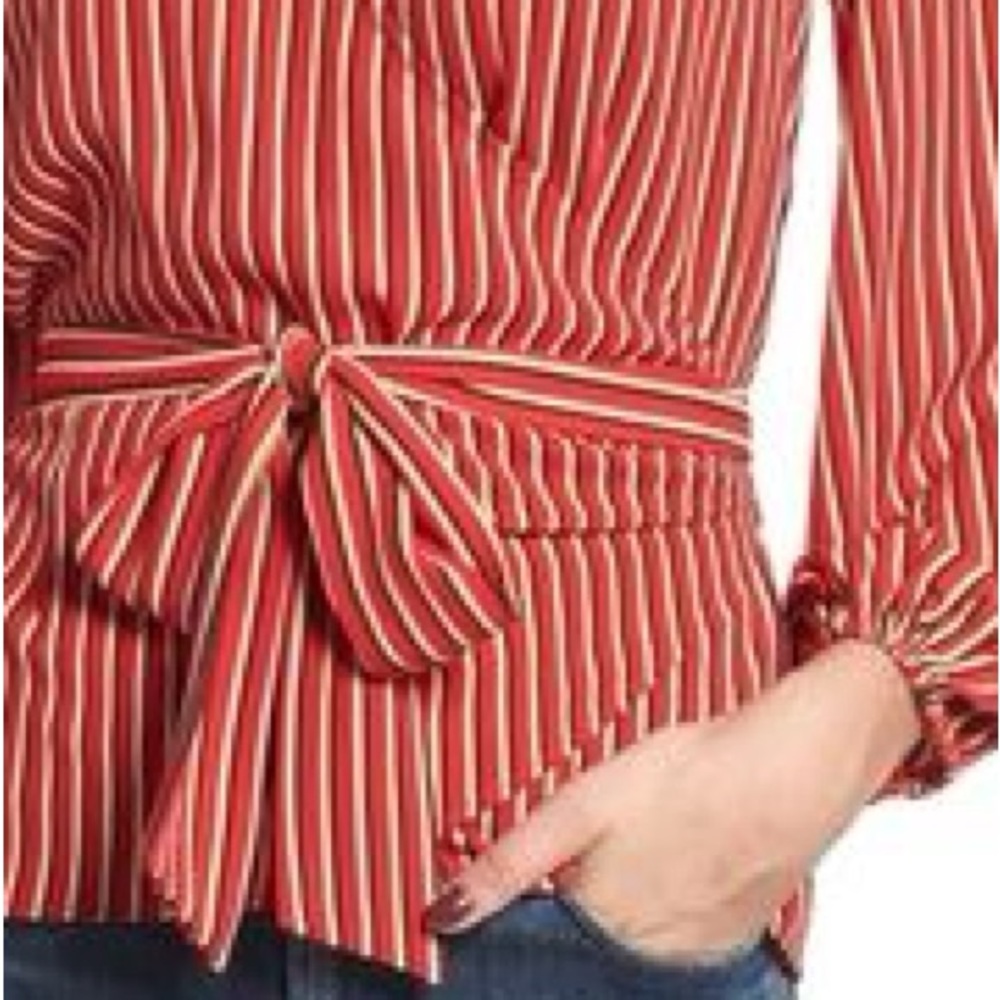 HINGE Striped Wrap Blouse Tie Bow Waist Red & White Stripe Puff Long Sleeve Top - Picture 15 of 16